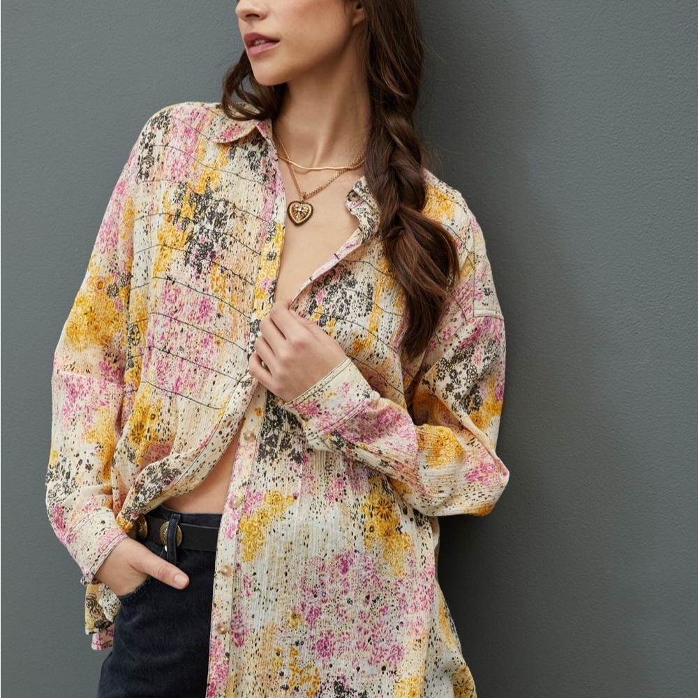 Anthropologie Pilcro Smocked Buttondown Long Sleeve Shirt Floral Pattern Small